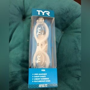 NIB TYR Swimming Goggles Adult Fit For Ages 16+ White Durafit Gaskets